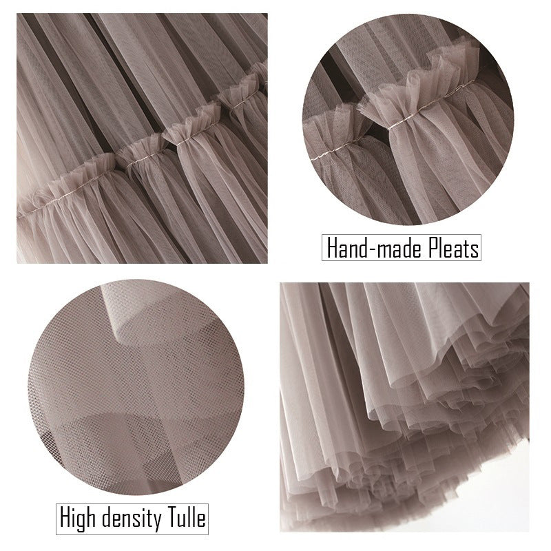 Mesh Skirt for Women 2025 Spring, Summer, and Autumn Long High-Waisted Ladylike Cake Skirt with Pleated Patchwork Midi Skirt with a Large Hem