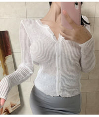 South Korea Dongdaemun fashionable all-match slim-fit sexy black micro-transparent sun protection long-sleeved knitted cardigan top for women