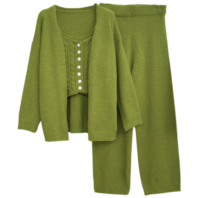 Three-Piece Set of Soft Pajamas for Women in Autumn and Winter, Twisted Rope Vest, Cardigan, Knitted, Can Be Worn Outside, Elegant Lady's Home Clothes