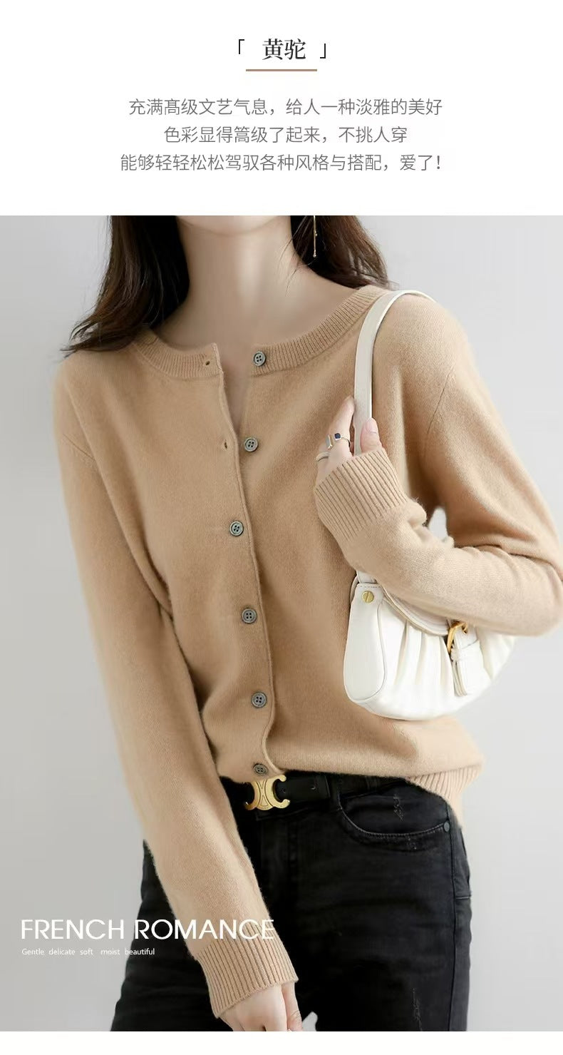 Autumn and Winter New Round Neck Knitted Cardigan Women's Loose Large Size Sweater Versatile Jacket Pure Color Bottoming Wool Jacket