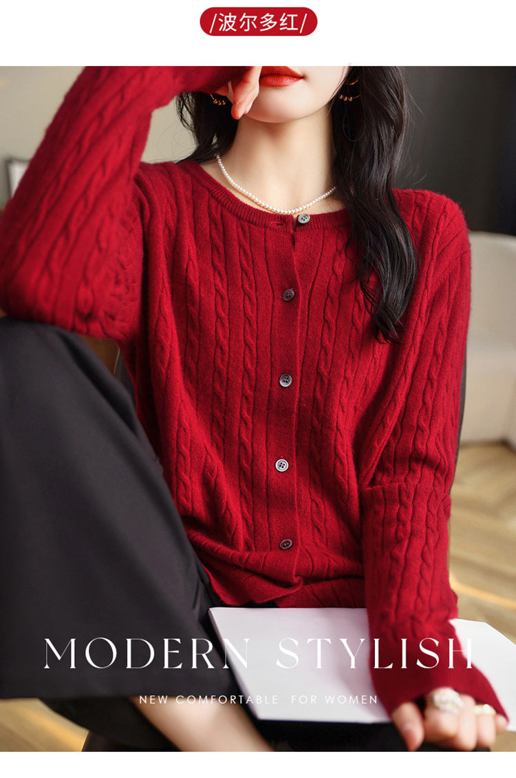 Retro Literary Elegant Slim Spring & Fall New Round Neck Knitted Cardigan Skin-friendly Soft Twist Sweater Jacket for Women