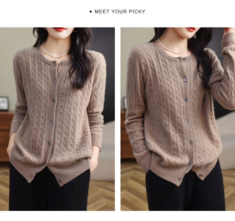 Retro Literary Elegant Slim Spring & Fall New Round Neck Knitted Cardigan Skin-friendly Soft Twist Sweater Jacket for Women