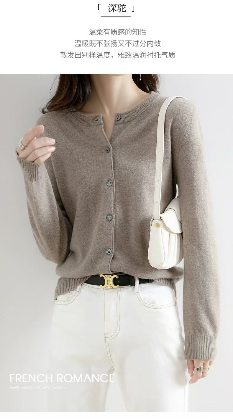 Autumn and Winter New Round Neck Knitted Cardigan Women's Loose Large Size Sweater Versatile Jacket Pure Color Bottoming Wool Jacket