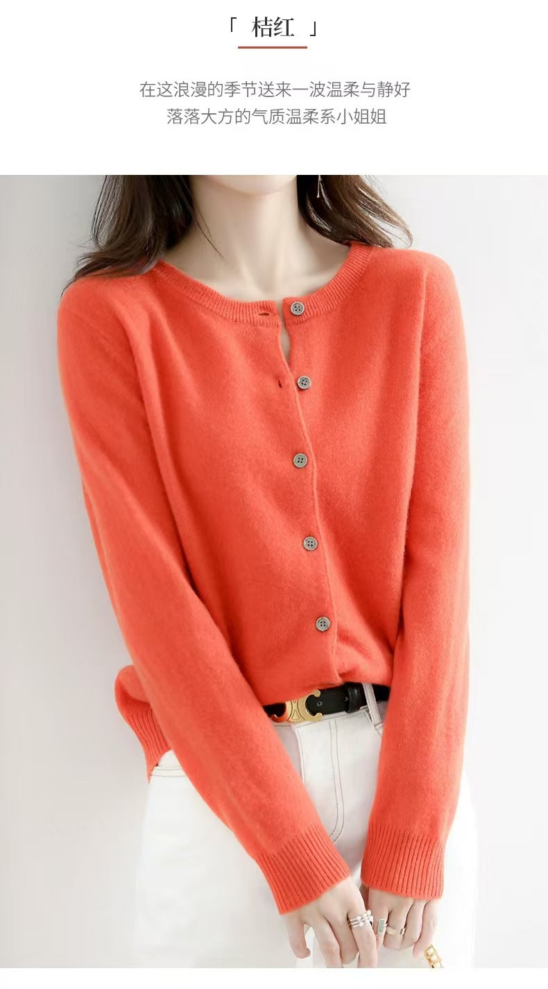 Autumn and Winter New Round Neck Knitted Cardigan Women's Loose Large Size Sweater Versatile Jacket Pure Color Bottoming Wool Jacket