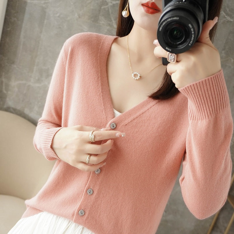 Knitted Cardigan Women's Spring and Autumn Long-Sleeved Sweater Cardigan Thin Age-Reducing Jacket Knitted Sweater Cross-Border Sweater Cardigan Base