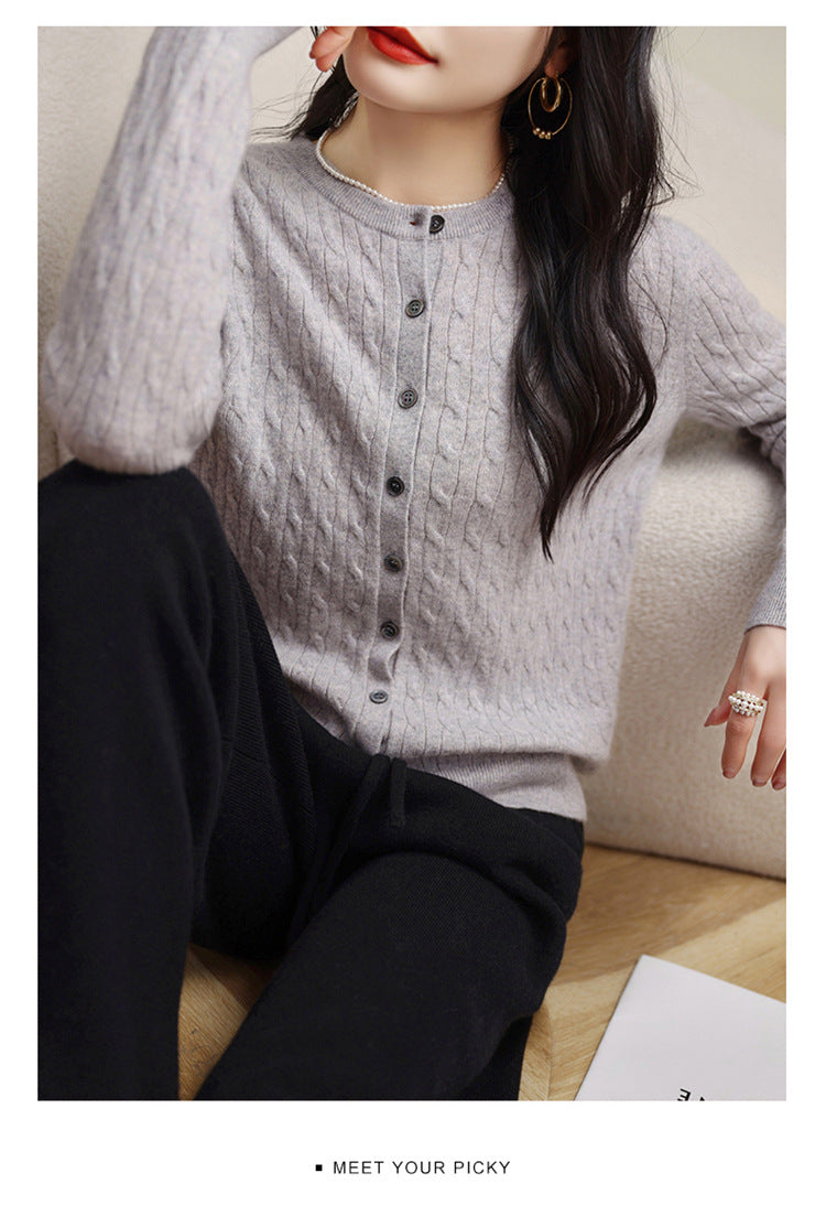Retro Literary Elegant Slim Spring & Fall New Round Neck Knitted Cardigan Skin-friendly Soft Twist Sweater Jacket for Women
