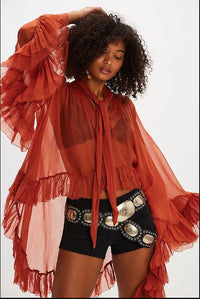 European and American women's fashion sexy perspective blouse top 2025 summer new horn sleeve design French lace