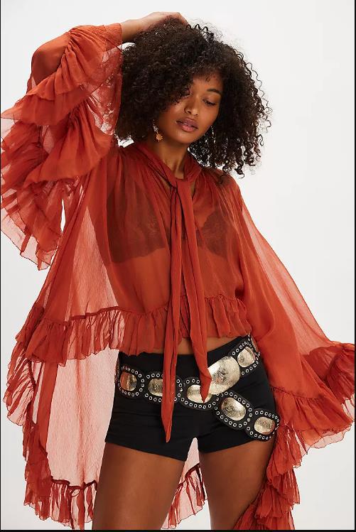 European and American women's fashion sexy perspective blouse top 2025 summer new horn sleeve design French lace