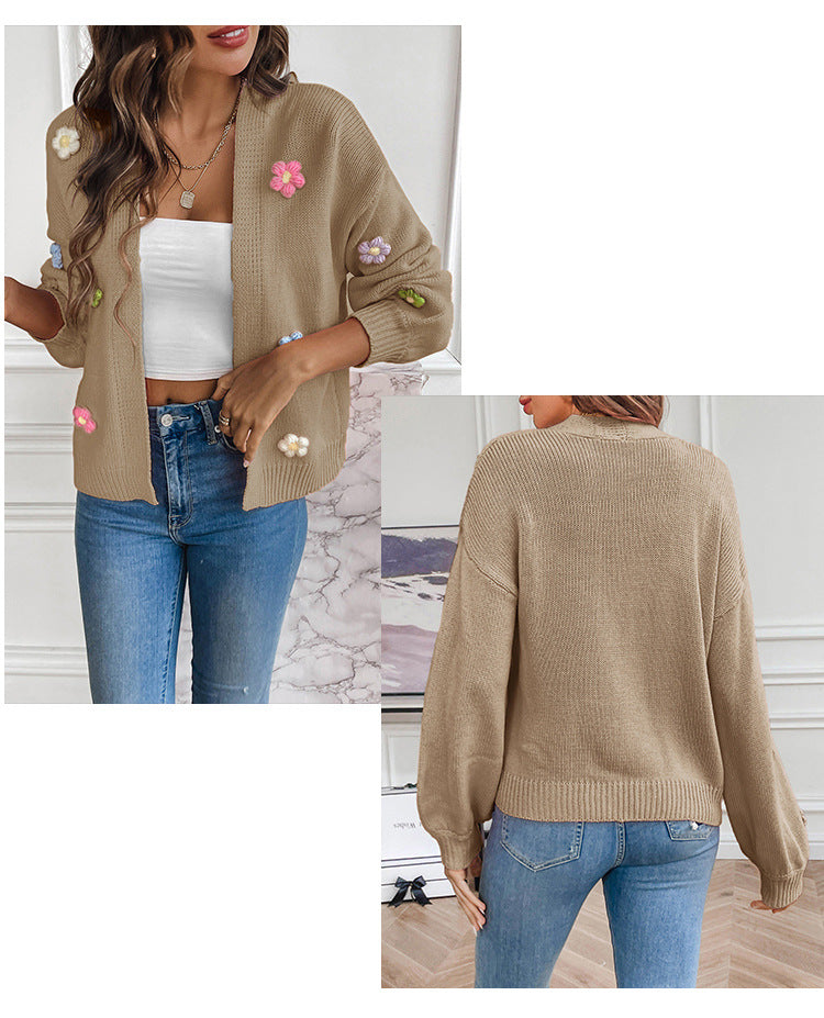 Foreign trade cross-border new hand hook flower sweet knitted cardigan sweater coat women's lazy casual loose sweater