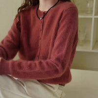 Autumn and Winter New Round Neck Knitted Cardigan Women's Loose Large Size Sweater Versatile Jacket Pure Color Bottoming Wool Jacket
