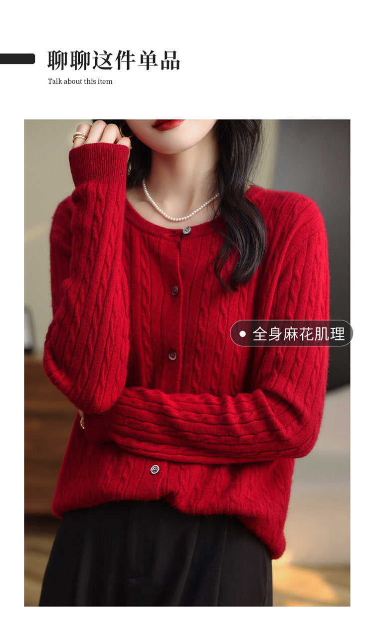 Retro Literary Elegant Slim Spring & Fall New Round Neck Knitted Cardigan Skin-friendly Soft Twist Sweater Jacket for Women