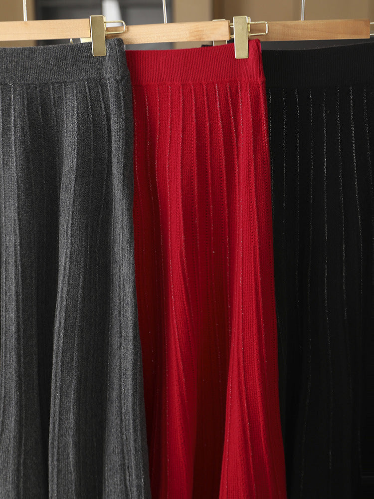 25 Autumn/Winter 100% Pure Wool Knitted Shiny Silk Midi Skirt for Women High Waist Mid-Length Red Skirt Sparkling A-Line Umbrella Skirt