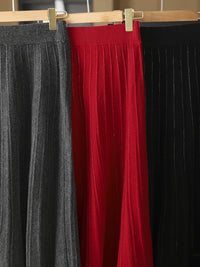 25 Autumn/Winter 100% Pure Wool Knitted Shiny Silk Midi Skirt for Women High Waist Mid-Length Red Skirt Sparkling A-Line Umbrella Skirt
