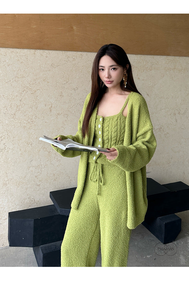 Three-Piece Set of Soft Pajamas for Women in Autumn and Winter, Twisted Rope Vest, Cardigan, Knitted, Can Be Worn Outside, Elegant Lady's Home Clothes