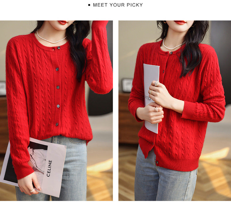 Retro Literary Elegant Slim Spring & Fall New Round Neck Knitted Cardigan Skin-friendly Soft Twist Sweater Jacket for Women