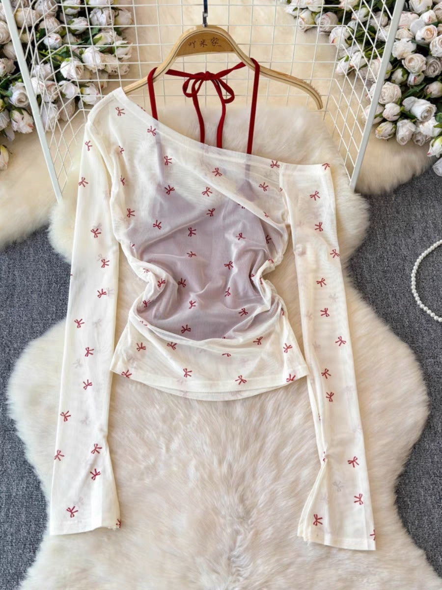 Fake Two-piece Bow Printed Shoulder Neck Long-sleeved T-shirt Thin Summer Sweet Spice Girl Blouse Design Top for Women