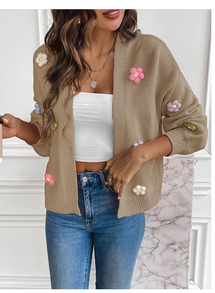 Foreign trade cross-border new hand hook flower sweet knitted cardigan sweater coat women's lazy casual loose sweater