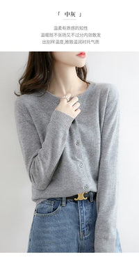 Autumn and Winter New Round Neck Knitted Cardigan Women's Loose Large Size Sweater Versatile Jacket Pure Color Bottoming Wool Jacket
