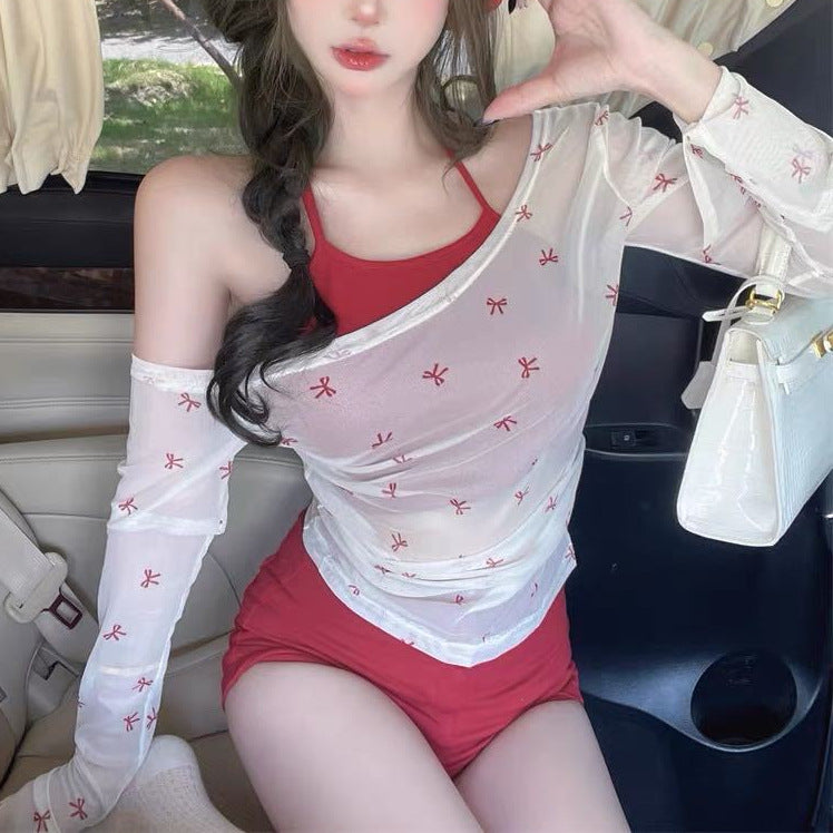 Fake Two-piece Bow Printed Shoulder Neck Long-sleeved T-shirt Thin Summer Sweet Spice Girl Blouse Design Top for Women