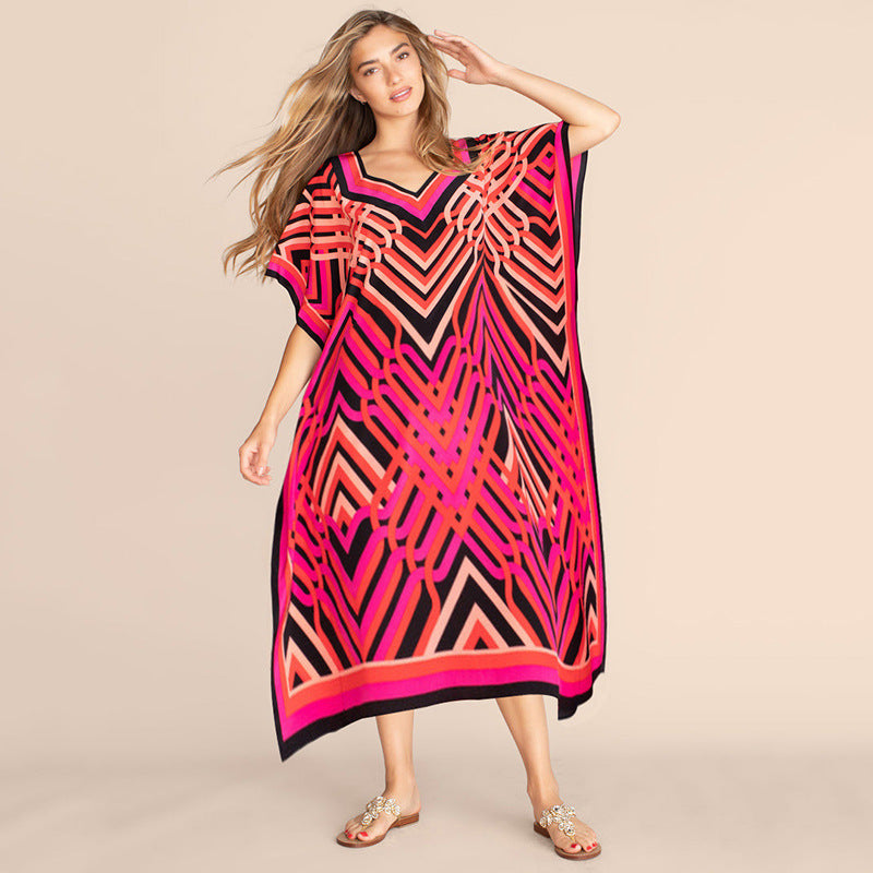 European and American New Positioning Printed Blouse Seaside Vacation Long Dress Loose Blouse Bikini Swimwear Long Gown Women