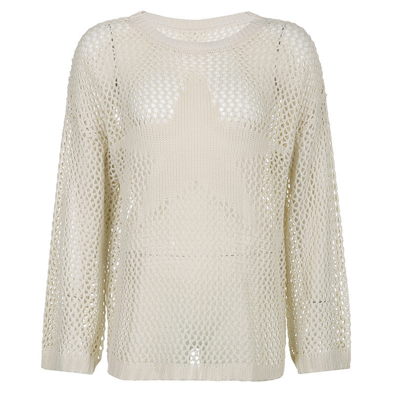 Lazy Style Star Loose Long-Sleeved Knitwear 2025 Women's Sexy Cut Out See-Through Pure Color Slimming Look Woolen Blouse