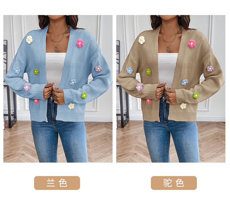 Foreign trade cross-border new hand hook flower sweet knitted cardigan sweater coat women's lazy casual loose sweater