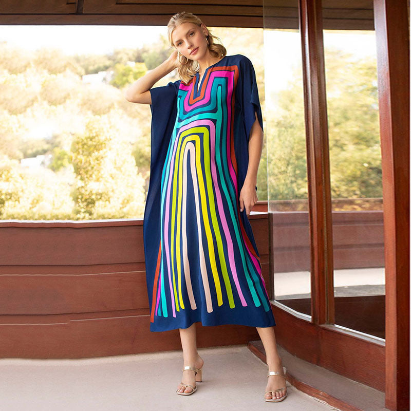 European and American New Positioning Printed Blouse Seaside Vacation Long Dress Loose Blouse Bikini Swimwear Long Gown Women