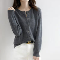 Autumn and Winter New Round Neck Knitted Cardigan Women's Loose Large Size Sweater Versatile Jacket Pure Color Bottoming Wool Jacket