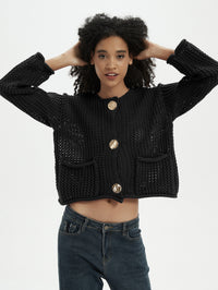 Amazon Cross-border Women's Casual All-match Thick Needle Knitted Cardigan Autumn Loose Hollow Solid Color Sweater Jacket