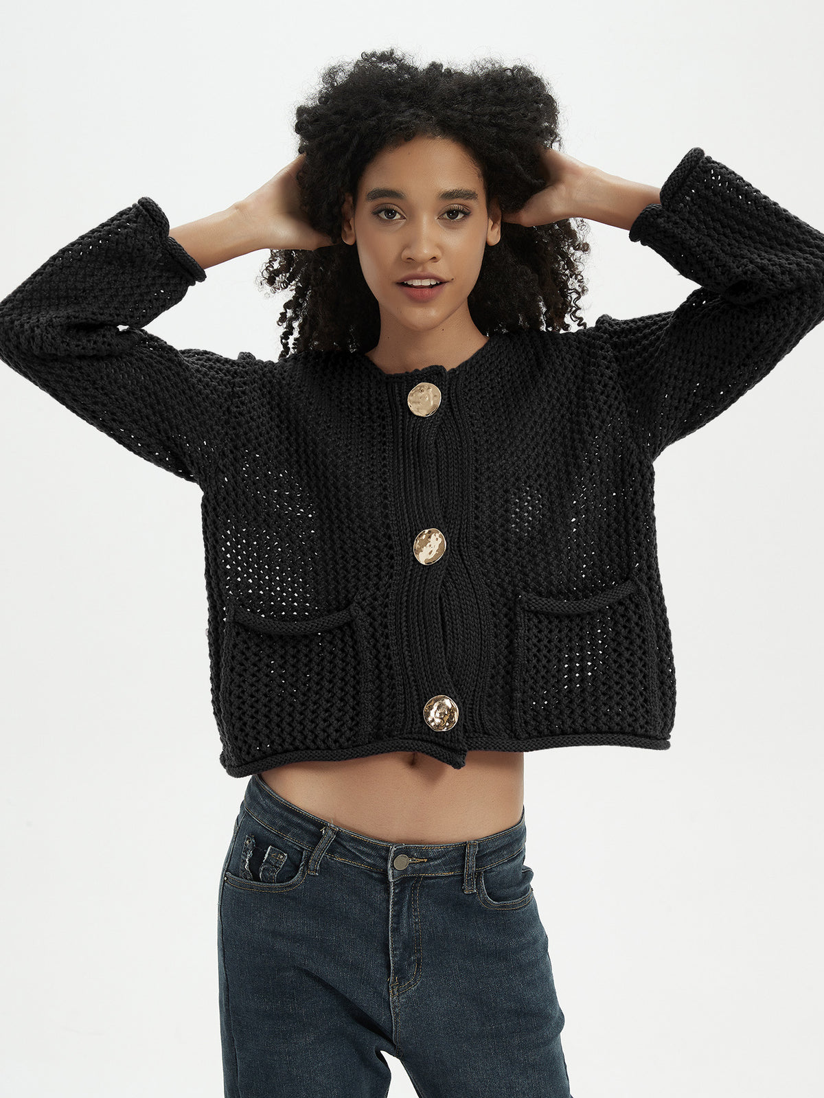 Amazon Cross-border Women's Casual All-match Thick Needle Knitted Cardigan Autumn Loose Hollow Solid Color Sweater Jacket