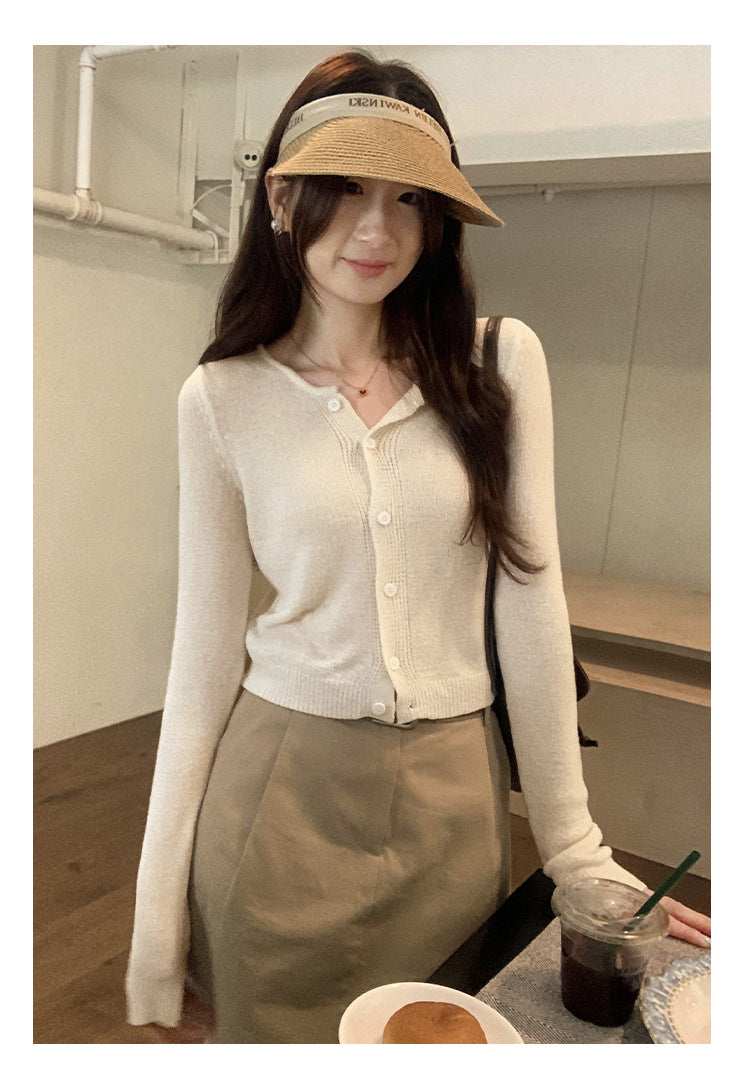 Dopamine Super Nice Long-Sleeved Knitted Cardigan for Women 2025 Summer New Style Petite Anti-Sun Blouse Slim Top