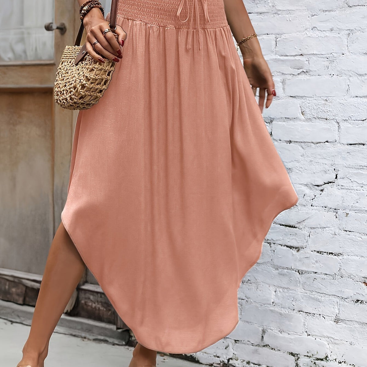 Women's Chic Beige Irregular Midi Skirt with Tie Waist