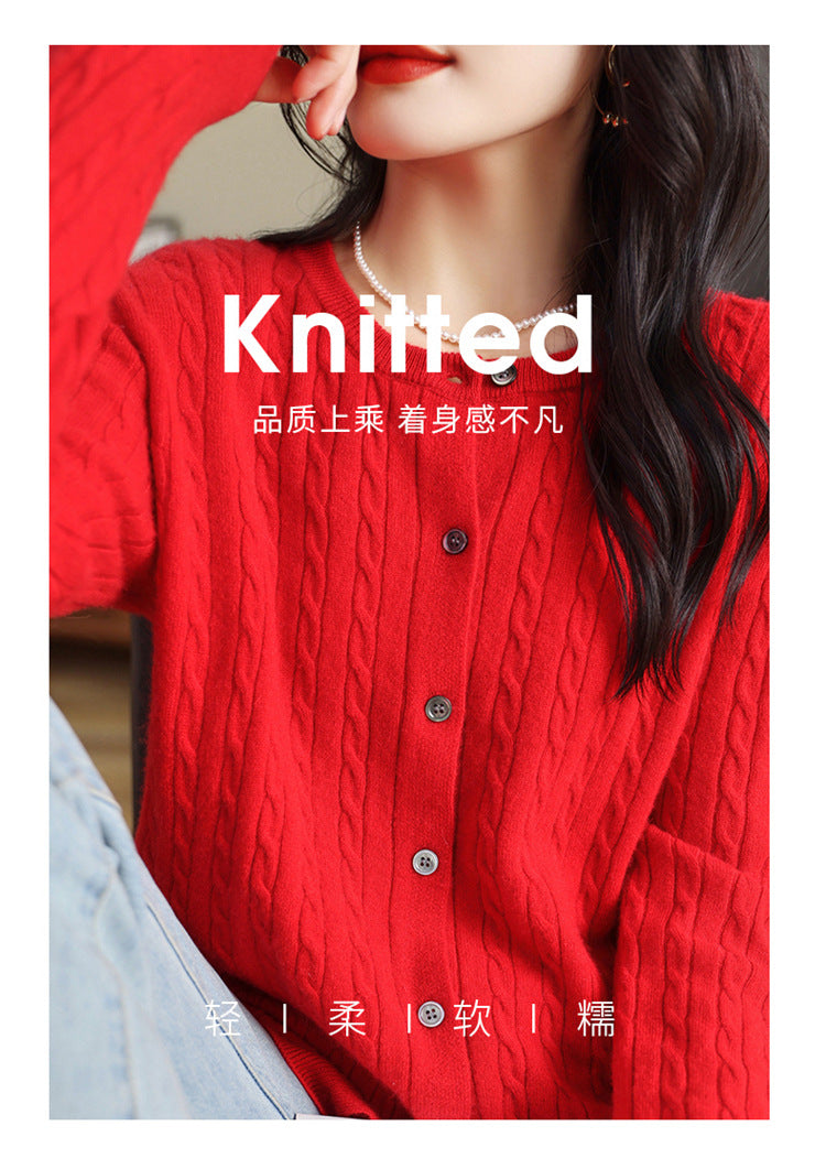 Retro Literary Elegant Slim Spring & Fall New Round Neck Knitted Cardigan Skin-friendly Soft Twist Sweater Jacket for Women