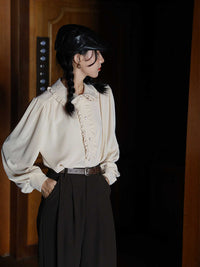 Apricot Ruffled Doll Collar Blouse for Women 2024 Spring and Autumn Loose Lantern Sleeve Unique Top with an Artistic Style