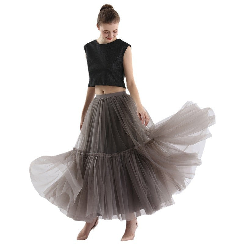 Mesh Skirt for Women 2025 Spring, Summer, and Autumn Long High-Waisted Ladylike Cake Skirt with Pleated Patchwork Midi Skirt with a Large Hem