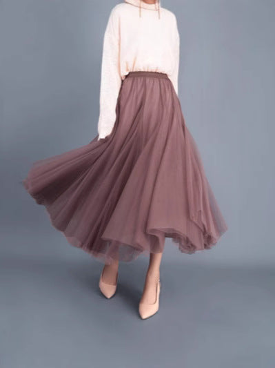 New Long Veil Skirt Oversized Puff Mesh Skirt Women's Spring and Summer High Waist Slim-Fit Pleated A- Line Fairy Skirt