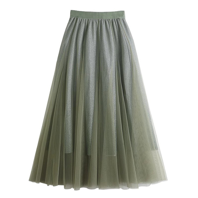 Gradient Starry Sky Bright Silk Mesh Skirt Women's Skirt A- Line Skirt High Waist Large Swing Mesh Pleated Skirt Midi Skirt