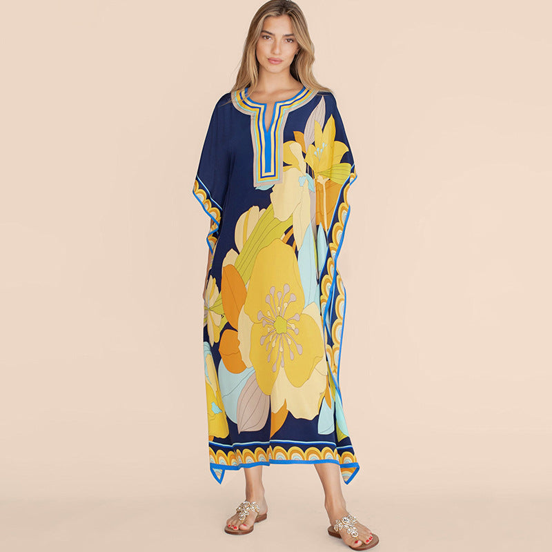 European and American New Positioning Printed Blouse Seaside Vacation Long Dress Loose Blouse Bikini Swimwear Long Gown Women