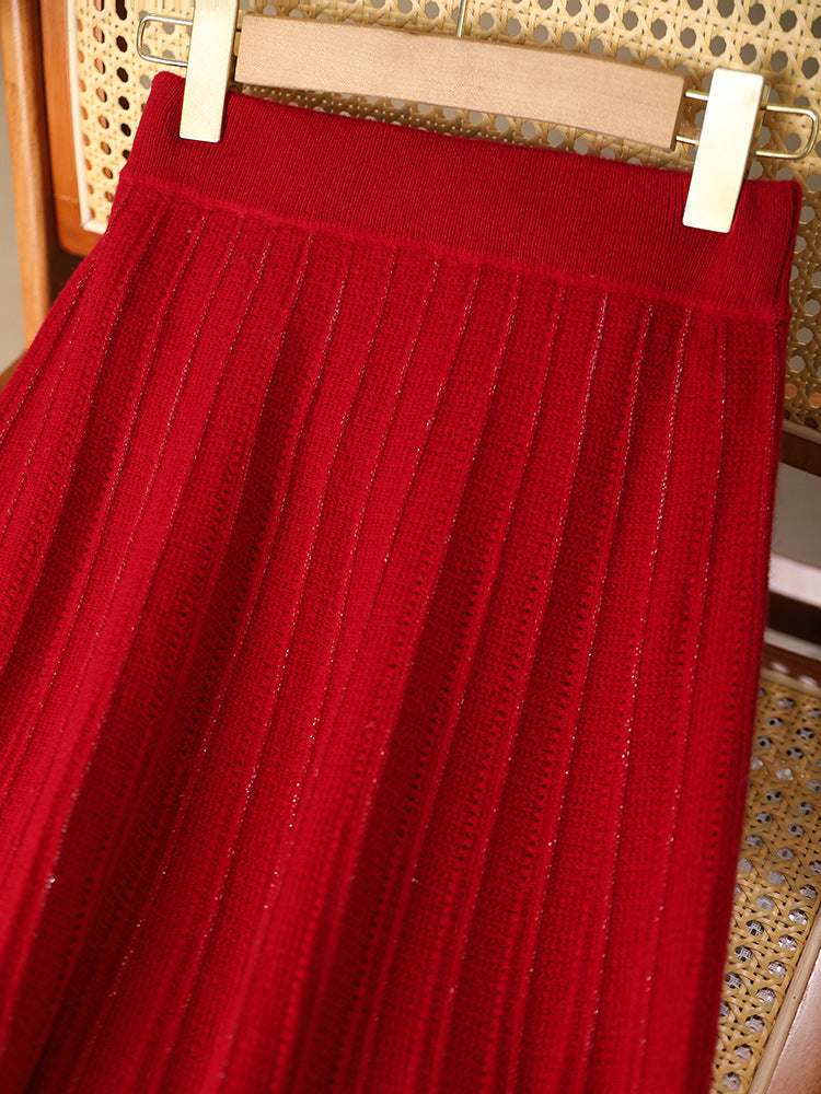 25 Autumn/Winter 100% Pure Wool Knitted Shiny Silk Midi Skirt for Women High Waist Mid-Length Red Skirt Sparkling A-Line Umbrella Skirt