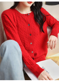 Retro Literary Elegant Slim Spring & Fall New Round Neck Knitted Cardigan Skin-friendly Soft Twist Sweater Jacket for Women
